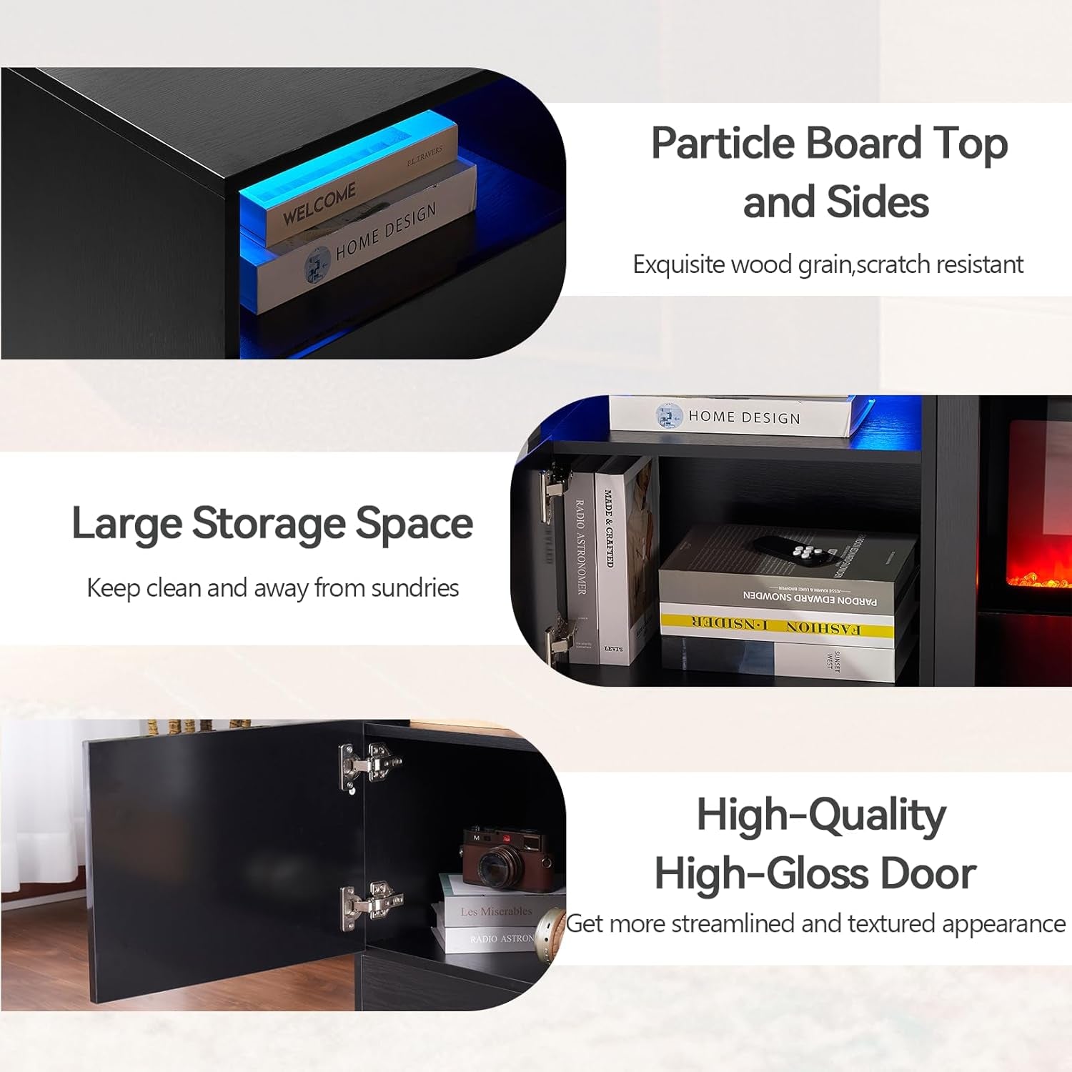 Fireplace TV Stand with 36" Electric Fireplace, LED Light Entertainment Center, Modern Wood Texture Entertainment Stand with Highlight Storage Cabinet for Tvs up to 80", 70 Inches, Black