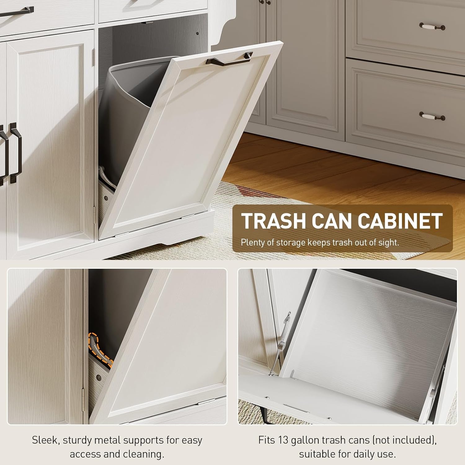 Kitchen Island with Power Outlet & Drop Leaf, Rolling Storage Cart with Trash Storage Cabinet,Farmhouse Mobile Island Table for Kitchen, Dining Room, Hidden Casters, White and Walnut