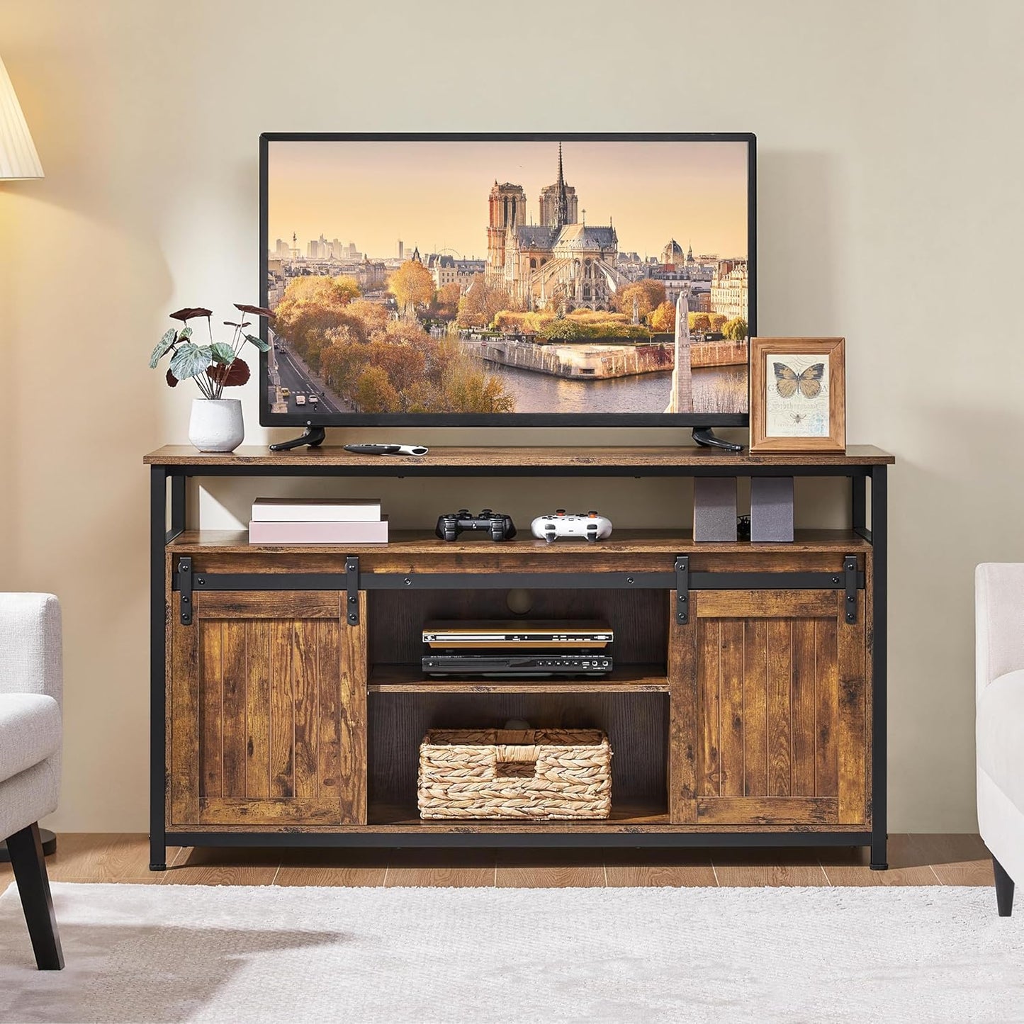 TV Stand for 65 Inch TV, Farmhouse Entertainment Center with Storage, Wood Tall TV Stands for Living Room with Sliding Barn Doors, Rustic Brown