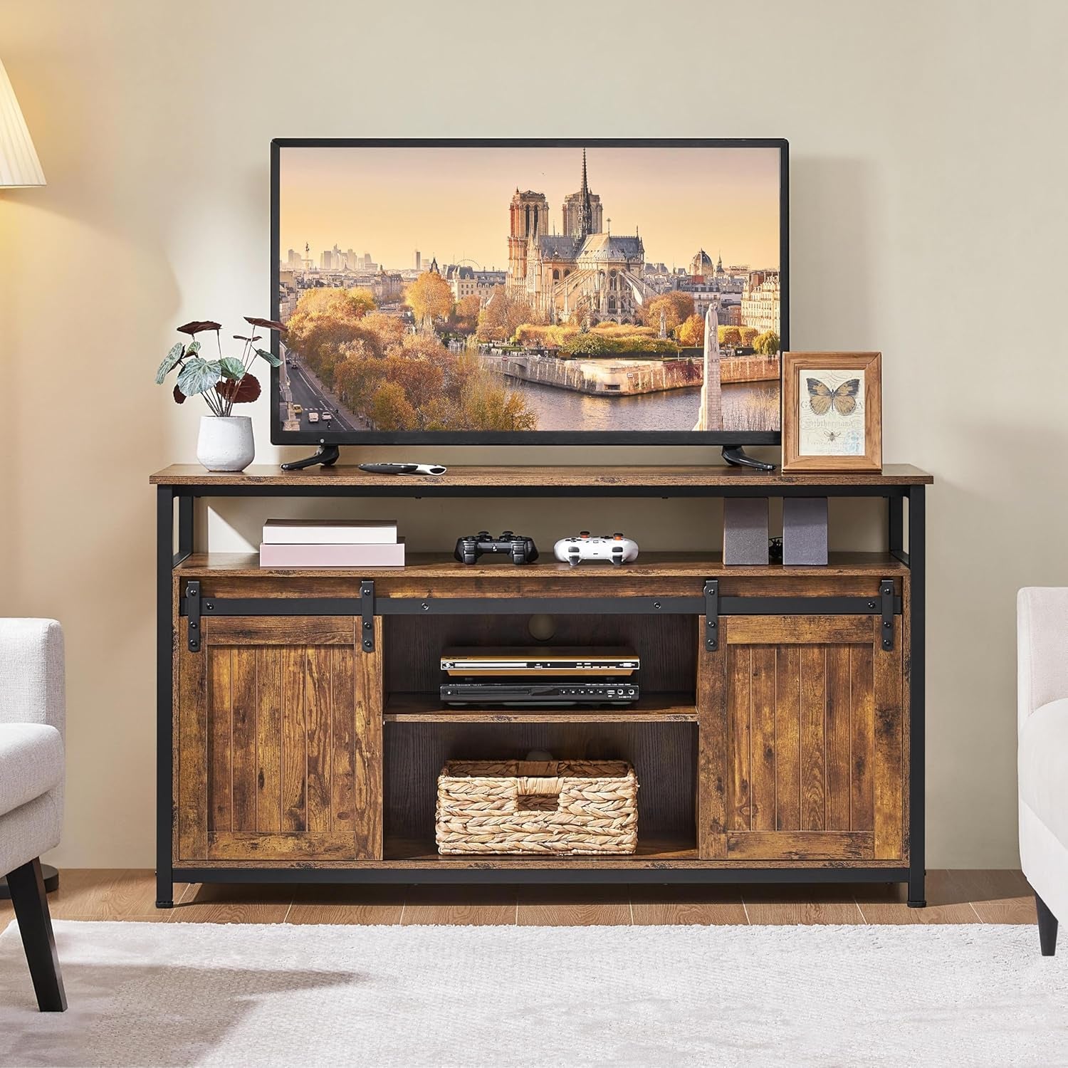 TV Stand for 65 Inch TV, Farmhouse Entertainment Center with Storage, Wood Tall TV Stands for Living Room with Sliding Barn Doors, Rustic Brown