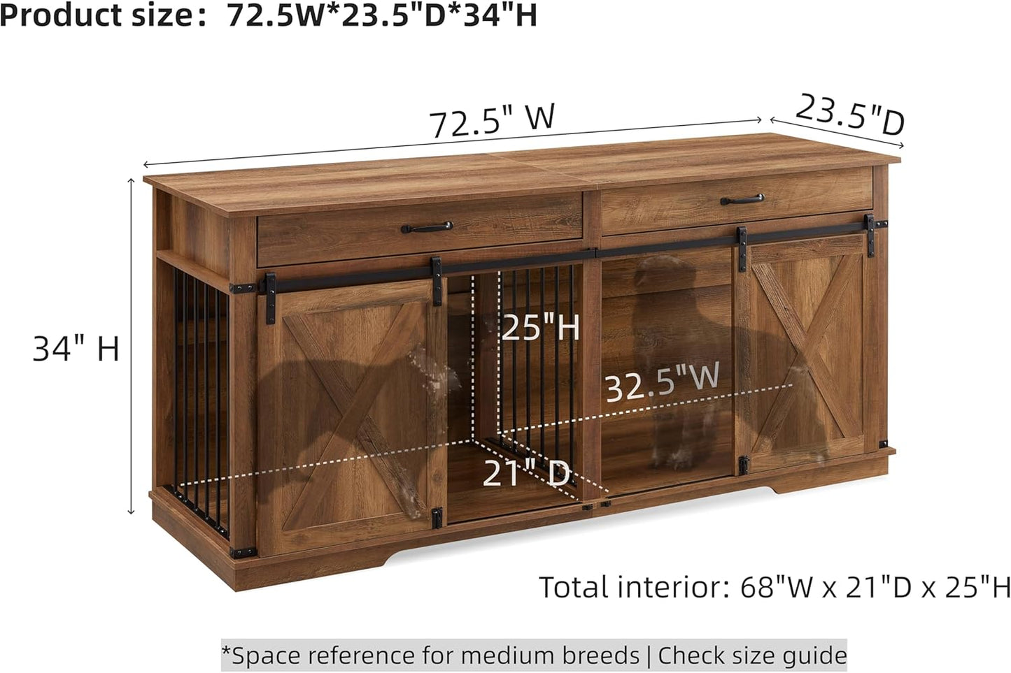37.8" Dog Crate Furniture - Indoor Wooden Dog Kennel Furniture with Sliding Barn Door and Storage Drawer, Rustic Oak