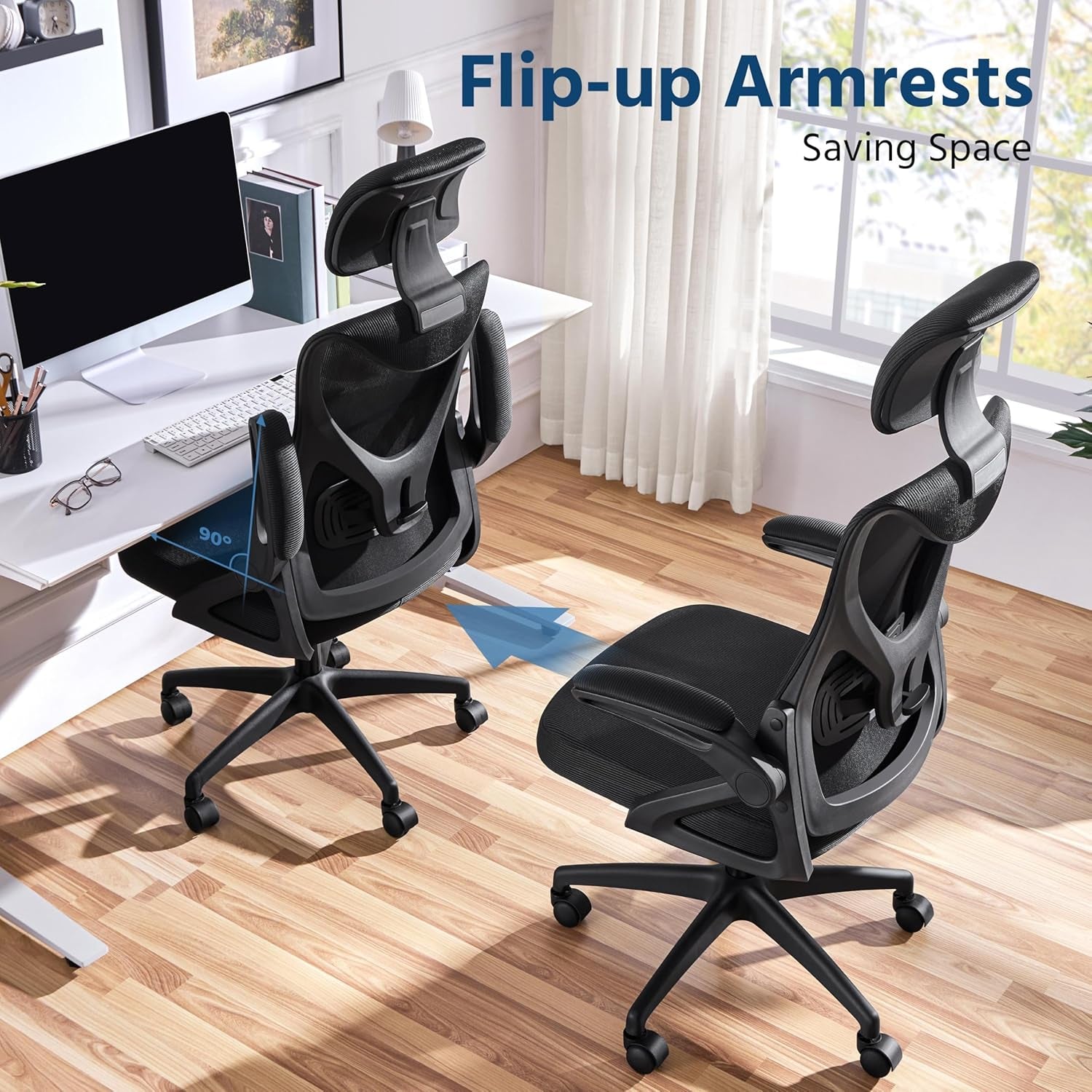Ergonomic Office Chair, High Back Desk Chair with Headrest and Flip-Up Armrest Lumbar Support for Home Office Meeting Room Study, Black