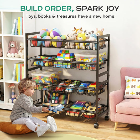 4-Tier Snack Cart with Wheels, 29''W Toy Storage Organizer, Rolling Pantry Storage Cart with 10 Wire Baskets & Handle,Adjustable Metal Snack Rack, Kitchen Organizer for Fruit, Vegetables(Black)