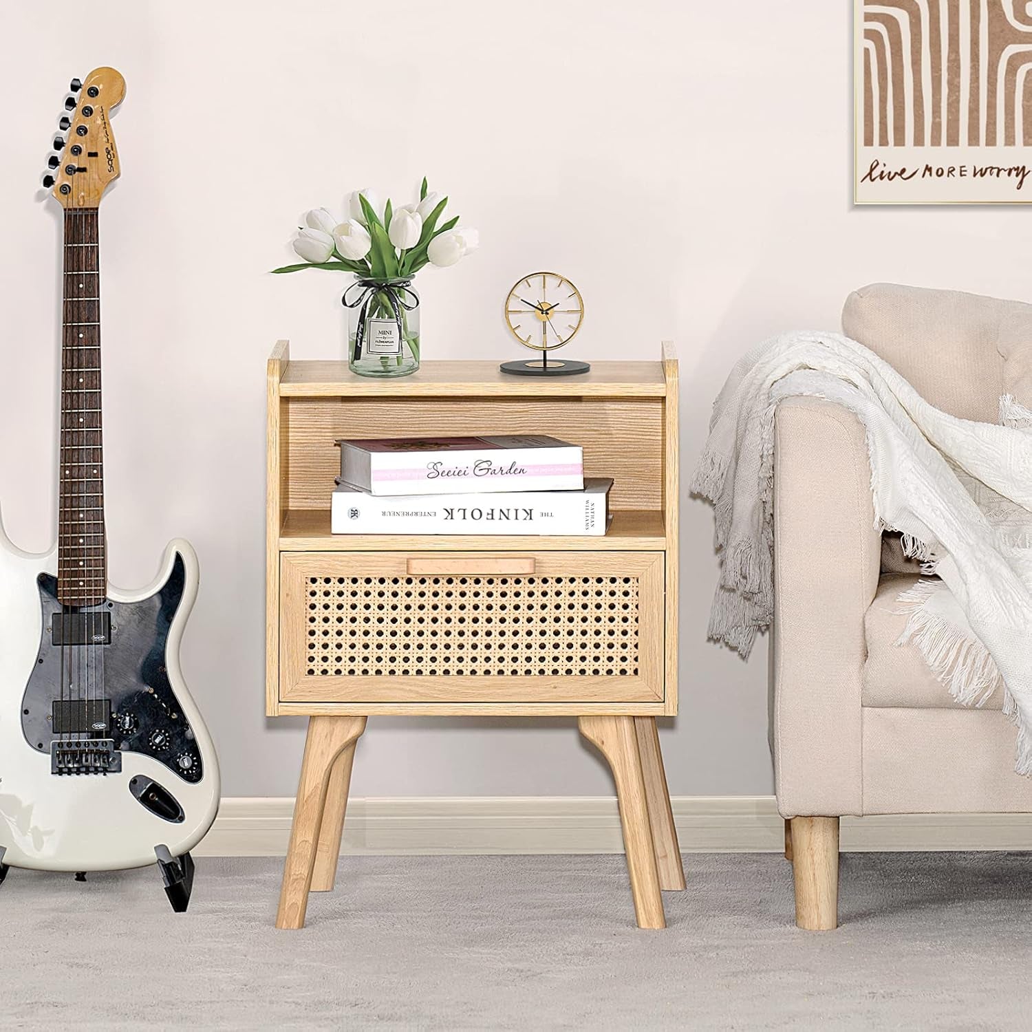Rattan Nightstand, Boho Side Table with Drawer Open Shelf, Cane Accent Bedside End Table with Solid Wood Legs for Bedroom, Dorm and Small Spaces (Natural)