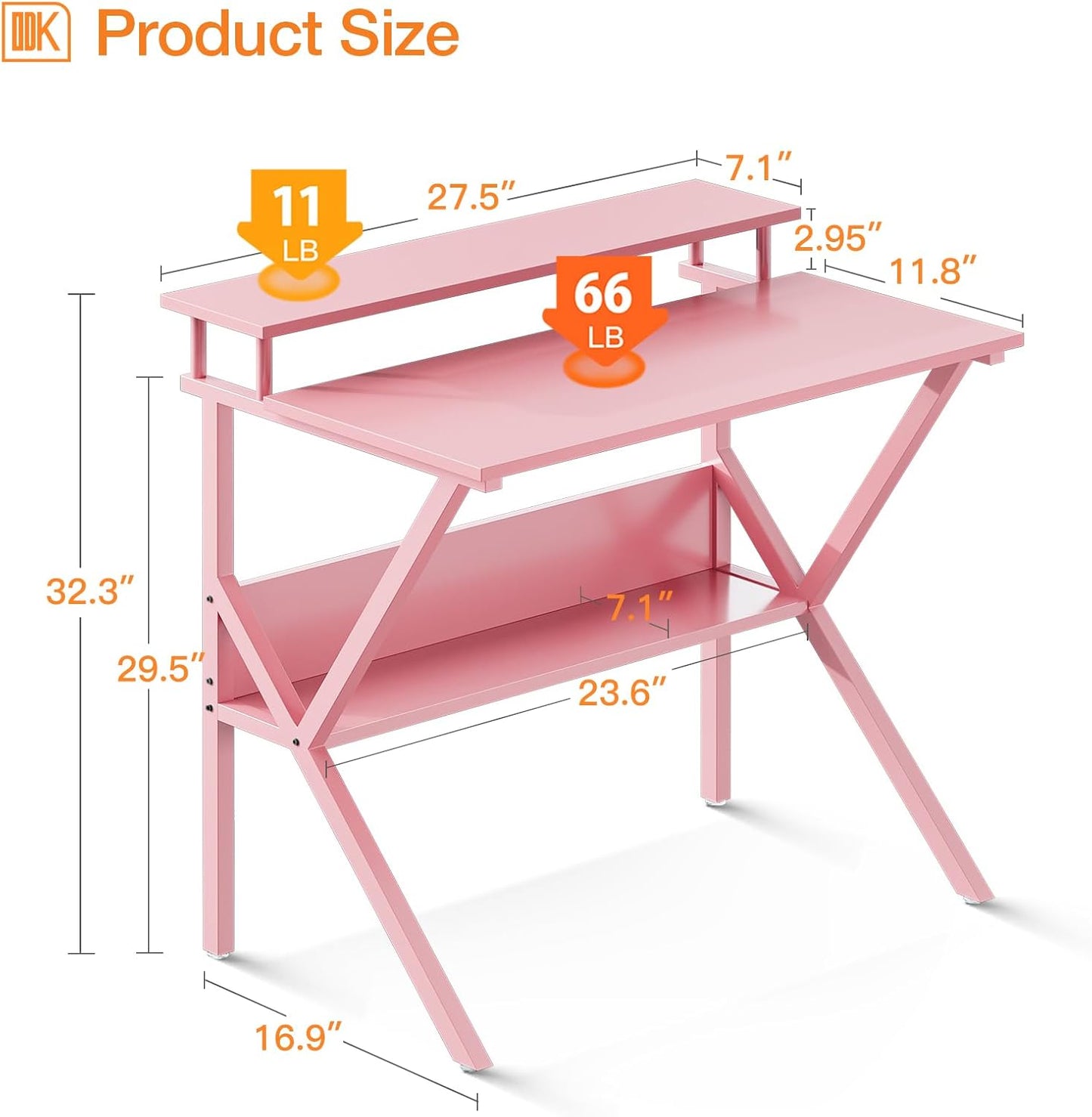 Small Desk, 27.5 Inch Computer Desk for Small Spaces, Kids Desk with Storage, Study Table with Monitor Stand for Homeschool, Pink