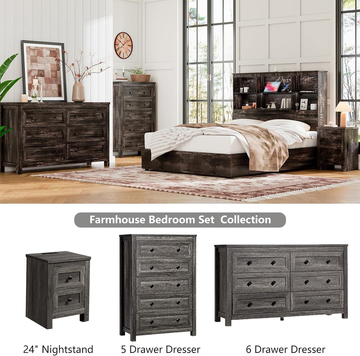 2-Piece Bedroom Set, Farmhouse Full Size Bed Frame and 5 Drawers Dresser, Wooden Storage Bed with Charging Station & 4 Drawers, Tall Dressers Organizer with Metal Handles for Bedroom, Grey