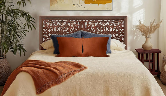 Solid Wood Sturdy Queen Headboard - Compatible with All Bed Frame - Intricate Hand Carved Rajasthan Motif - Bohemian Transitional - Beautiful for Any Bedroom - Rustic Antique Brown