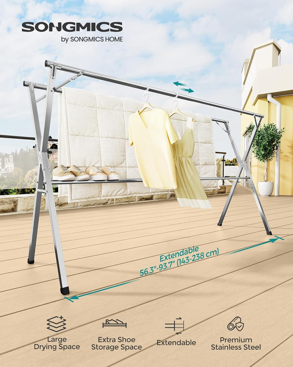 Clothes Drying Rack, Heavy-Duty Laundry Drying Rack, 56.3-93.7 Inches Extendable, Foldable Freestanding Airer, Stainless Steel, for Indoor Outdoor Use, Dove Gray ULLR903E01