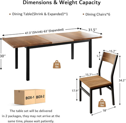 7-Piece Dining Table Set with 6 Chairs, 63" Extendable Kitchen Table & Chairs Set for 4-6, Dining Roomtable with Solid Metal Frame & MDF Board, Perfect for Small Space, Easy Assembly, Walnut