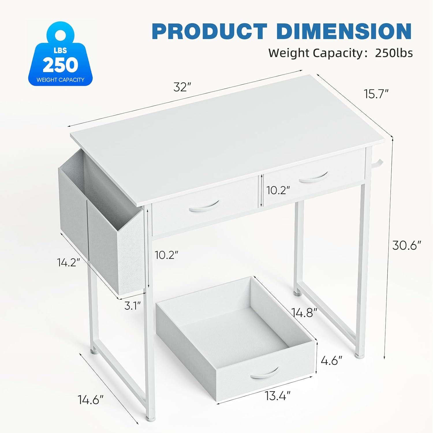 32 Inch Small Desk with Drawers, Home Office Computer Desk with Storage Bag and Headphone Hook, Study Writing Table with Adjustable Feet for Bedroom, White
