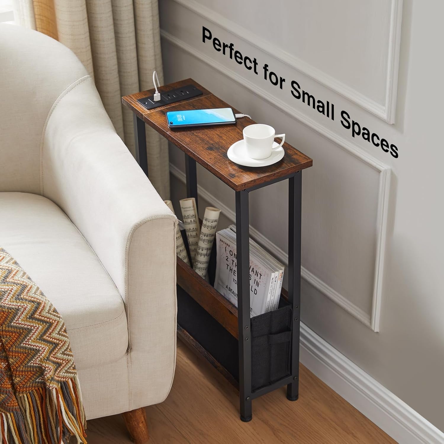 Slim Charging End Table with Storage - for Small Spaces and Bedroom