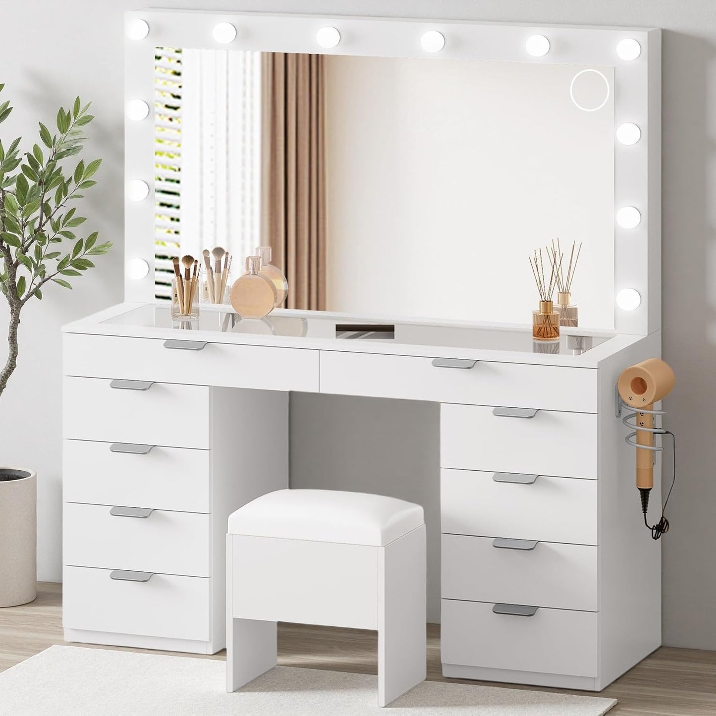 Vanity Desk Set with Mirror & Power Outlets, Vanity Table with Stool, 12 LED Bulbs, 3 Dimmable Light Colors, 10 Drawers, Hair Dryer Rack & Magnifying Mirror