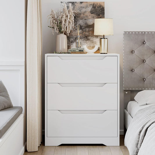 Modern 3 Drawer Dresser, Wood Chest of Drawers with Storage, Tall Nightstand with Cut-Out Handles, Side End Table, Accent Storage Cabinet for Living Room, Entryway, White