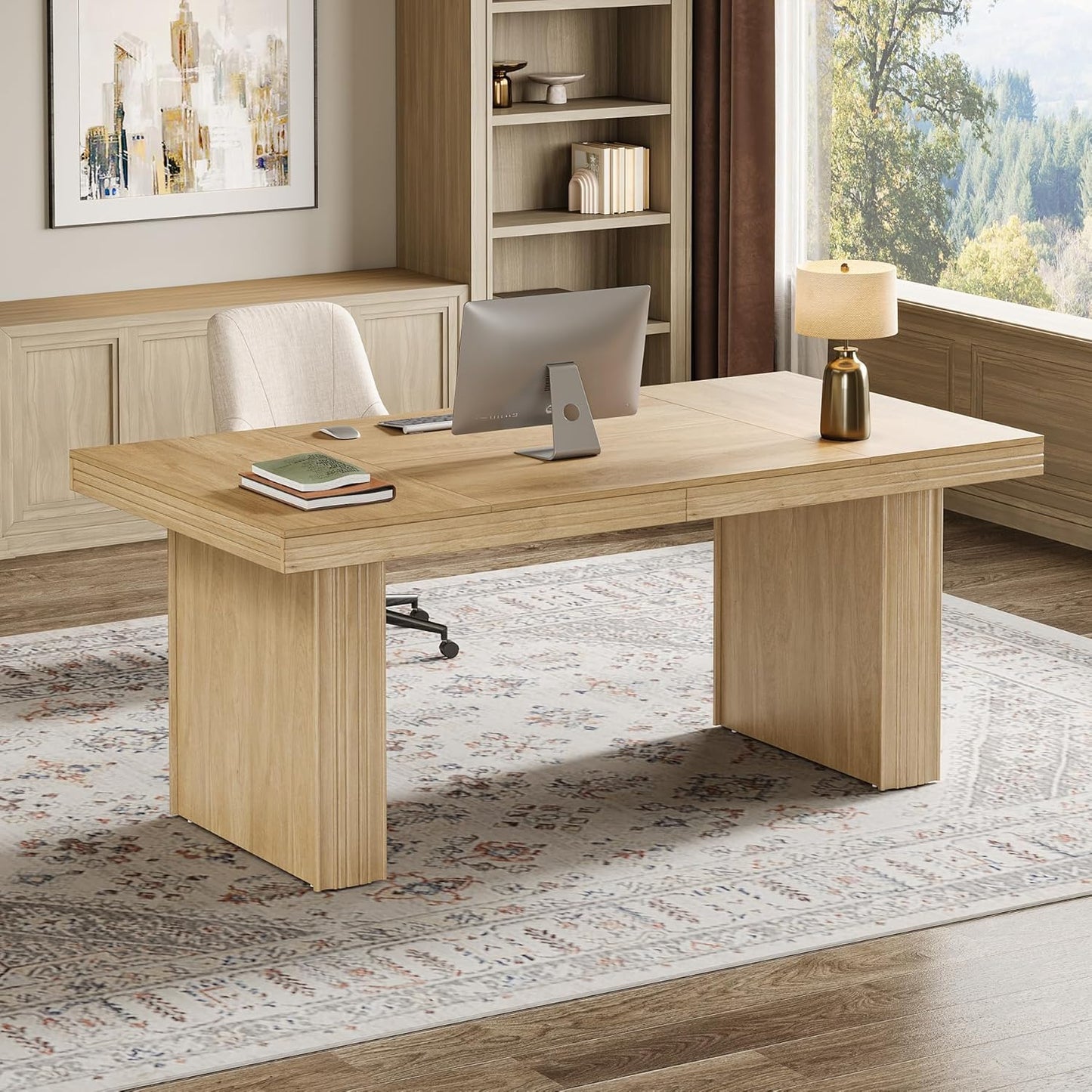 63" Executive Desk, Large Office Computer Desk with Heavy-Duty Legs and Thickened Desktop, Elegant Writing Workstation Study Table Conference Table for Office, Black