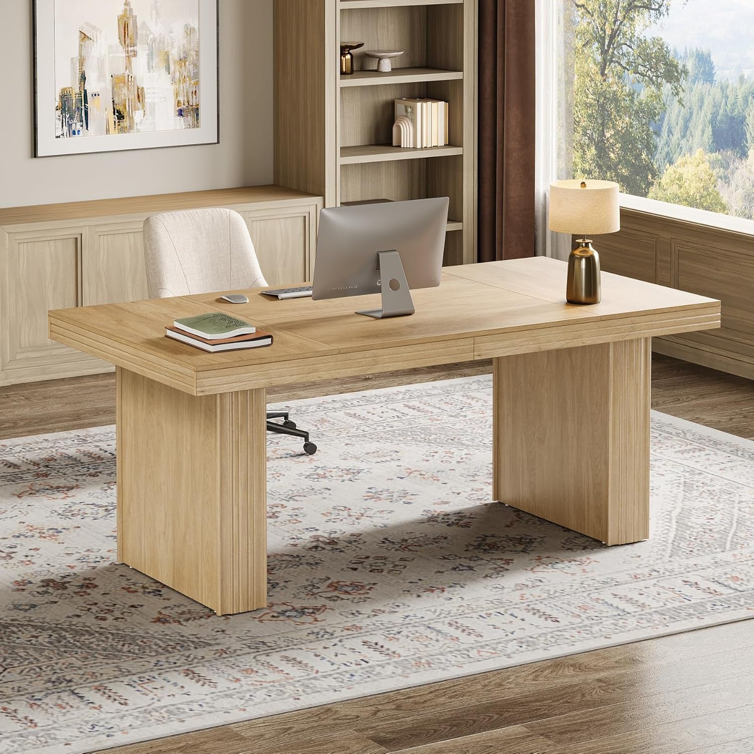 63" Executive Desk, Large Office Computer Desk with Heavy-Duty Legs and Thickened Desktop, Elegant Writing Workstation Study Table Conference Table for Office, Black