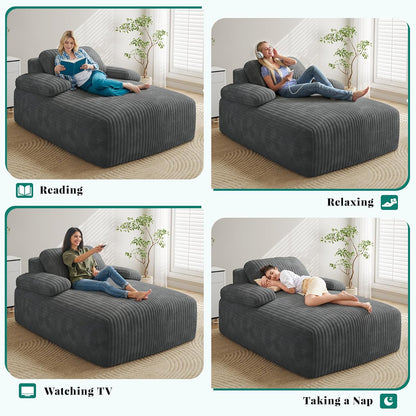 67"L X 48"W Chaise Lounge Chair Indoor, Oversized Corduroy Upholstered Boneless Sofa Bed, Deep-Seat Sleeper Couch, Reading Chair, Cloud Sofa Couch for Living Room, No Assembly Required, Grey