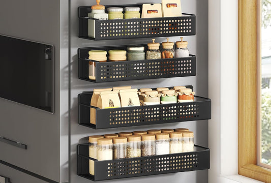 Strong Magnetic Spice Rack for Refrigerator, Set of 4, 2 Large and 2 Small Kichen Magnetic Shelves for Microwave, Washing Machine, Spice Organizers, No Drilling Needed, Ink Black UKCS061B01