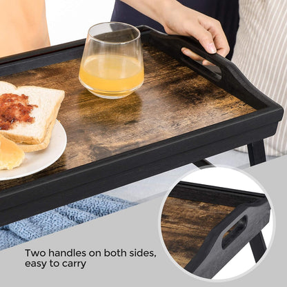 Bed Tray Table with Bamboo Folding Legs, Sofa Breakfast Tray, Serving Tray with Groove for Phone Tablet, Rustic Dark Brown ULLD111B01