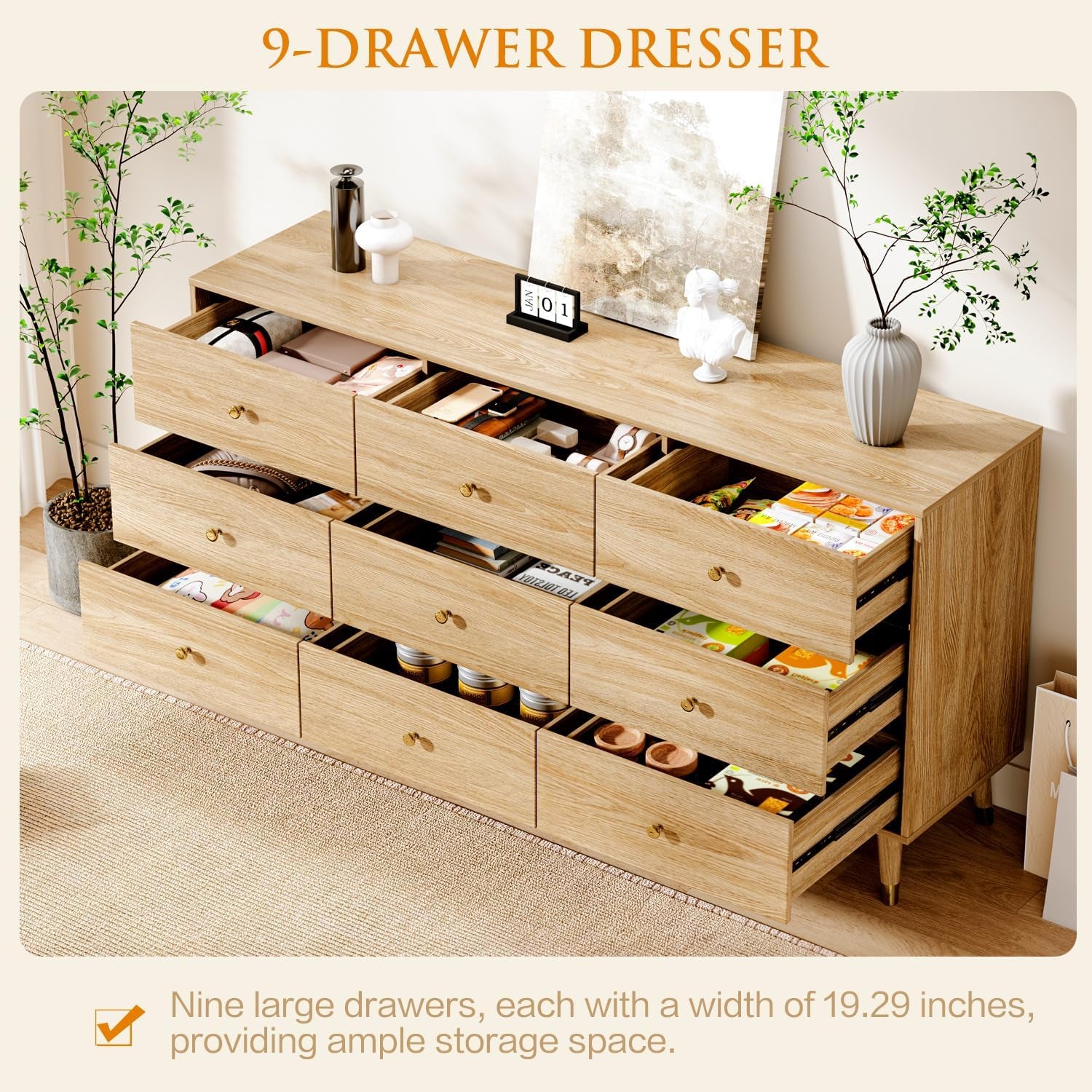 9 Drawer Dresser,63" Wide Mid Century Modern Chest of Drawers,Wooden Bedroom Drawer Dresser with 9 Storage Drawers for Bedroom, Living Room,With Anti-Tipping Device,Natural
