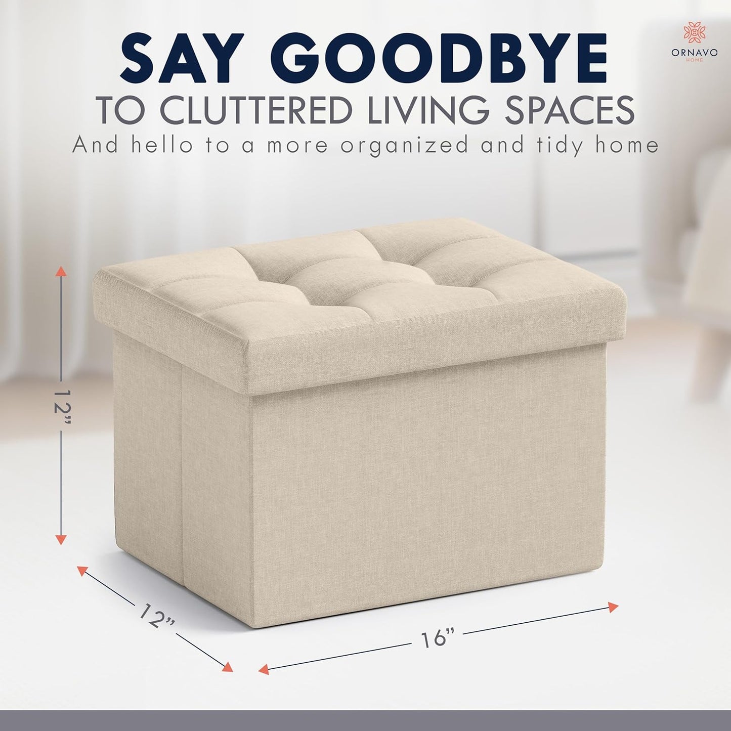 Small Storage Ottoman Foldable Collapsible Rectangle Linen Ottoman Foot Rest Stool Seat, for Living Room, Bedroom, Home Office, Dorm - 12 X 16 X 12, Beige