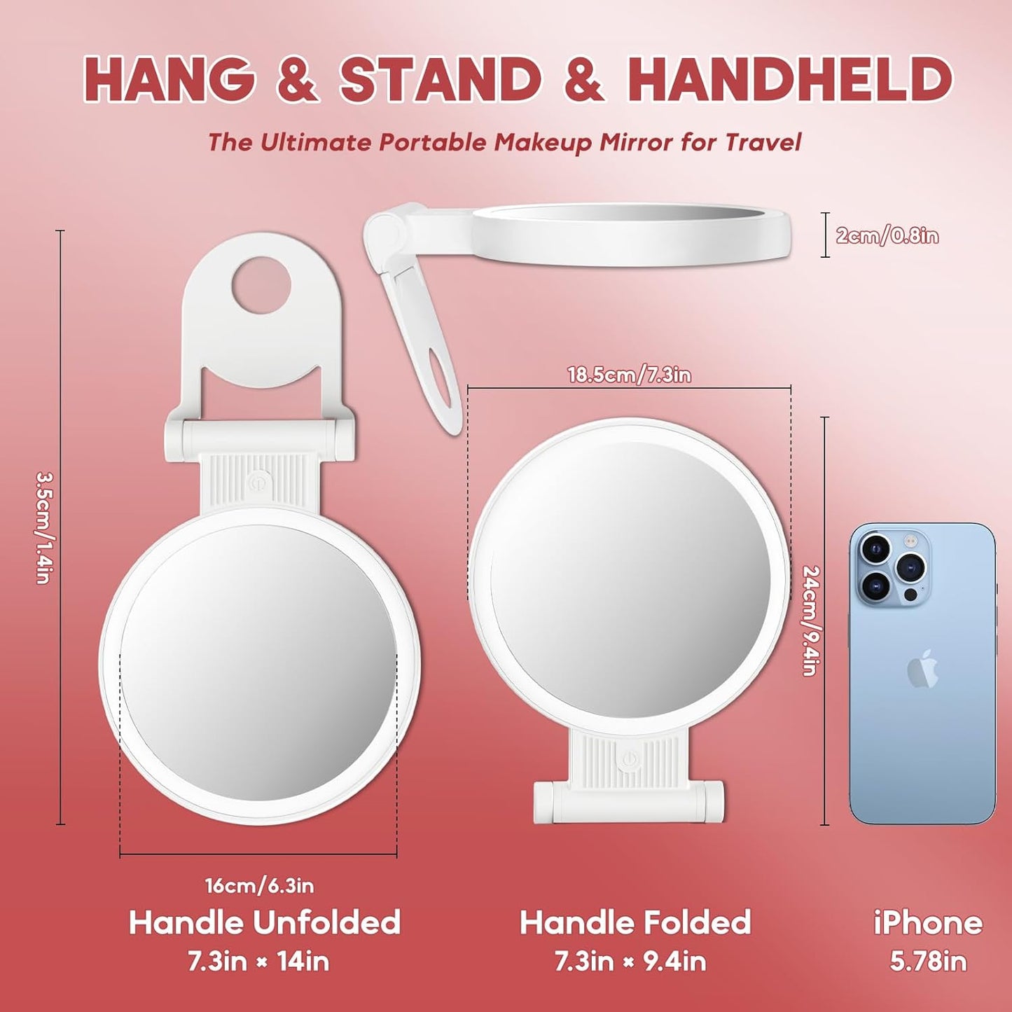 1X/30X Magnifying Mirror with Light and Adjustable Brightness, Makeup Mirror with 360° Rotation Adjustable Folding Handle, Portable Rechargeable Double Sided Mirrors, Foldable Vanity Mirror (White)
