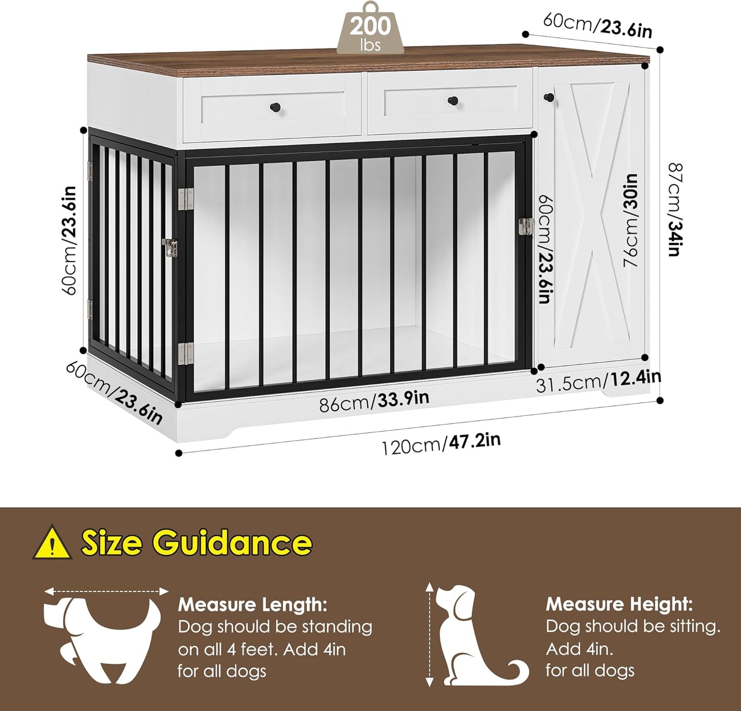 Dog Crate Furniture Kennel with Double Doors Wooden Pet House with 2 Drawers and Storage Cabinet, Indoor Dog Cage Farmhouse Modern Side End Table for Small Medium Dogs, White