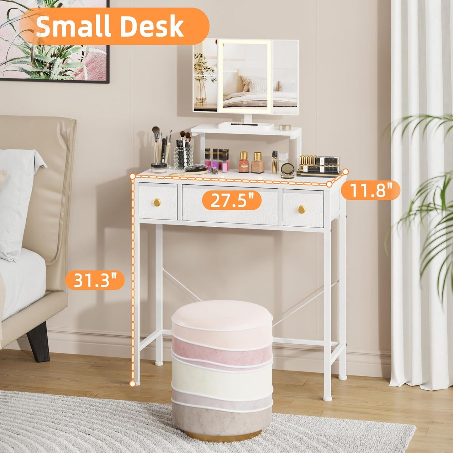 Small Makeup Vanity Desk with 3 Fabric Drawers, Vanity Table 11.8" D X 27.5" W with Mirror and Lights and Height-Adjustable Stand, Vanity for Girls Gifts, Bedroom and Small Spaces, White