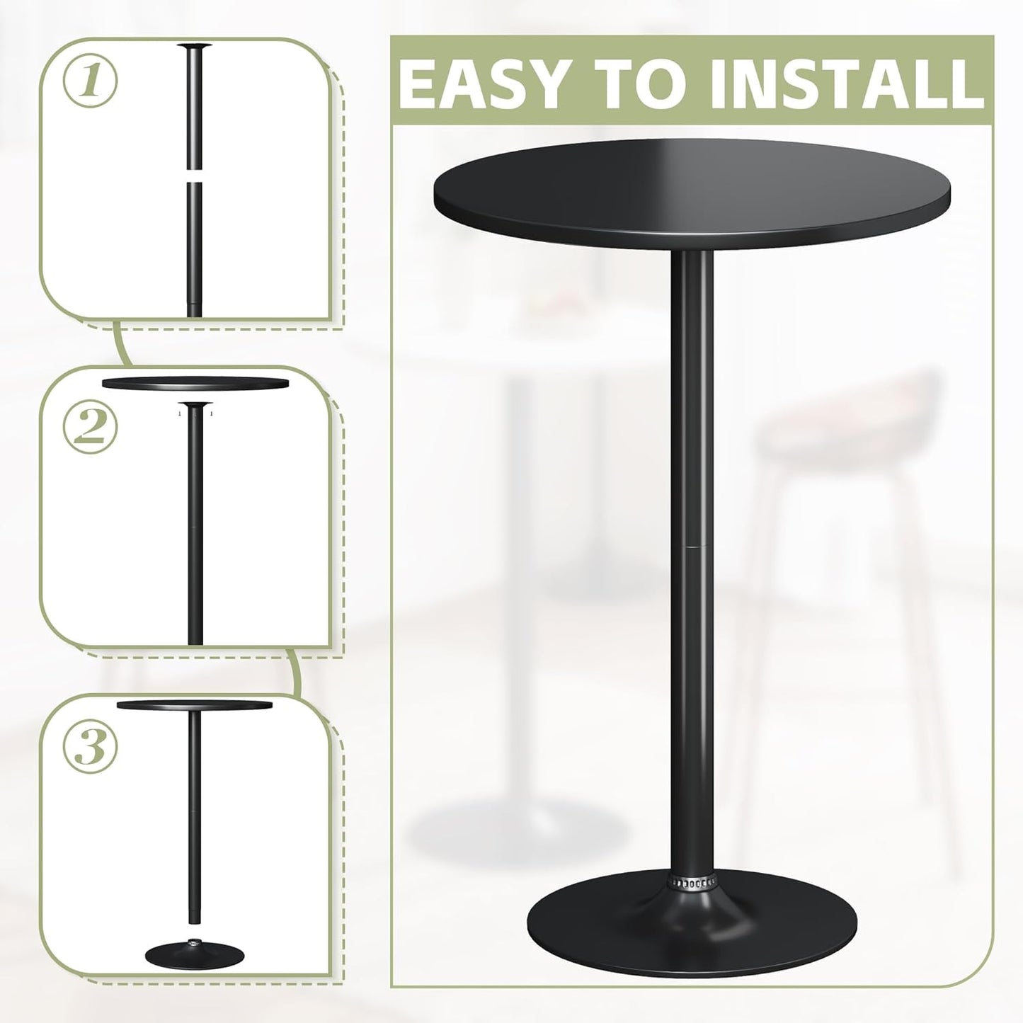 round Bistro Pub Table 2 Pack Modern Style Metal Base MDF Top Cocktail Bar Table Counter Bar Height for Pub, Dining Room, Party (Full Black)