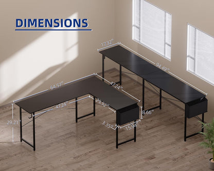 64.5 Inch Reversible L Shaped Gaming Desk Large Corner Computer Desk with Storage Bag Home Office Table for Writing Study Black