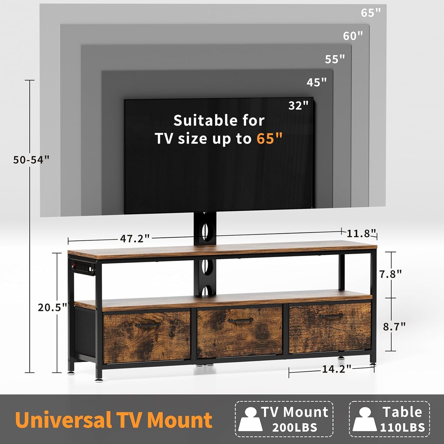 TV Stand with Mount and Power Outlet, TV Stand with Drawers Storage for Living Room Bedroom, LED Entertainment Center for 45/55/60/65 Inch, Height Adjustable Media Console, Rustic