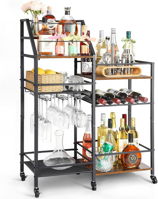 Rolling Bar Cart with Wine Glass Holder, Mini Bar for Whiskey Wine, Liquor Cart for Home, Alcohol Cabinet for Kitchen, Dining Room