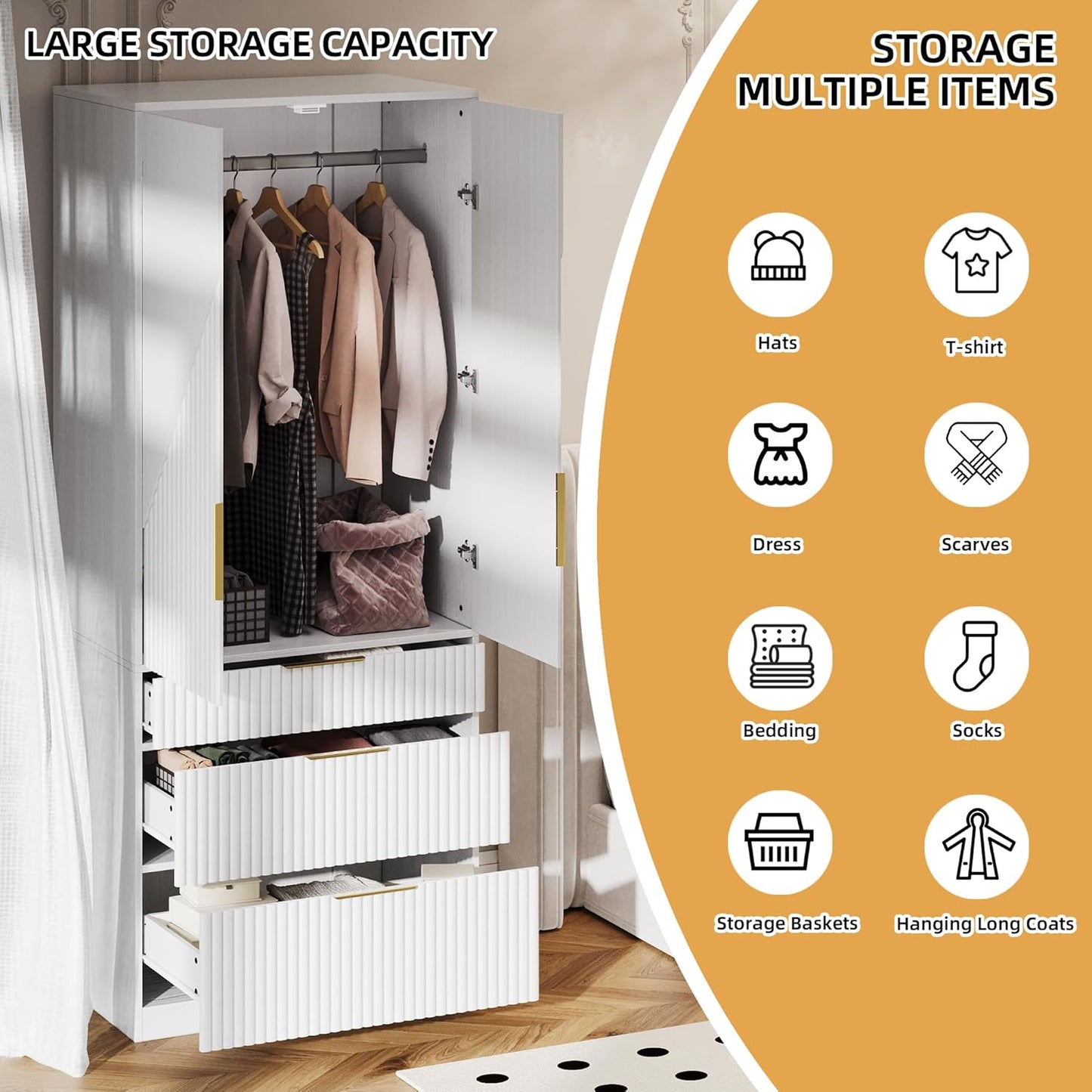 71.7" Wardrobe Armoire Wooden Closet with 2 Doors and 3 Drawers, Bedroom Armoire with Hanging Rod Shelf, Large Capacity Storage Wardrobe Armoire, Freestanding Wooden Closet Storage Cabinet White