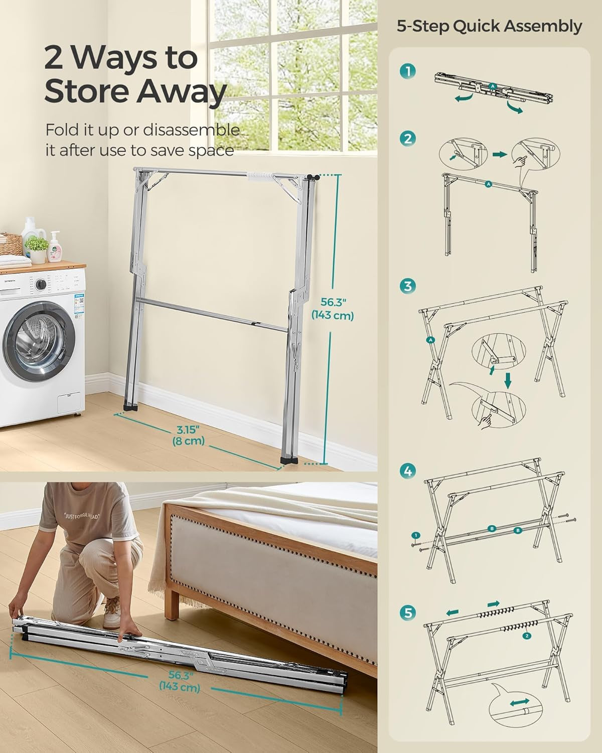 Clothes Drying Rack, Heavy-Duty Laundry Drying Rack, 56.3-93.7 Inches Extendable, Foldable Freestanding Airer, Stainless Steel, for Indoor Outdoor Use, Dove Gray ULLR903E01