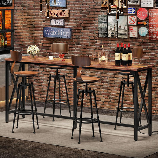70.9'' Bar Table, Kitchen Dining Table with Power Outlet and Footrest, Industrial Style, for Pub, Living Room, Rustic Brown and Black TBT08UBF