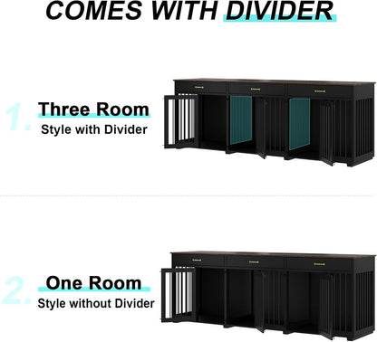 Dog Crate Furniture - Indoor Wooden Dog Kennel Crate with 2 Dividers, 3 Drawers, and 3 Lockable Doors, 95"X23.6"X31.5"H, Black