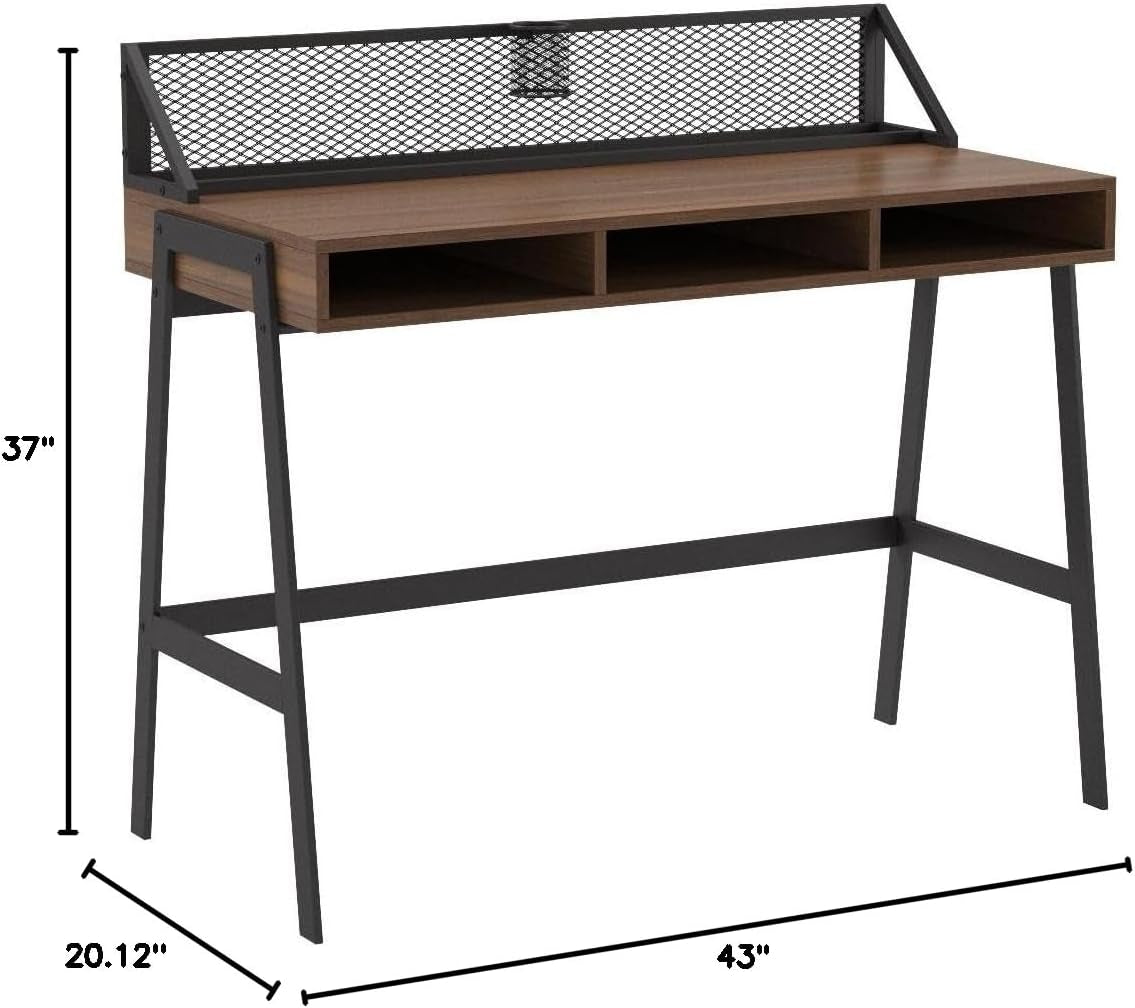Industrial Mesh Wood Laptop Computer Writing Desk Home Office Workstation Small, 42 Inch, Dark Walnut