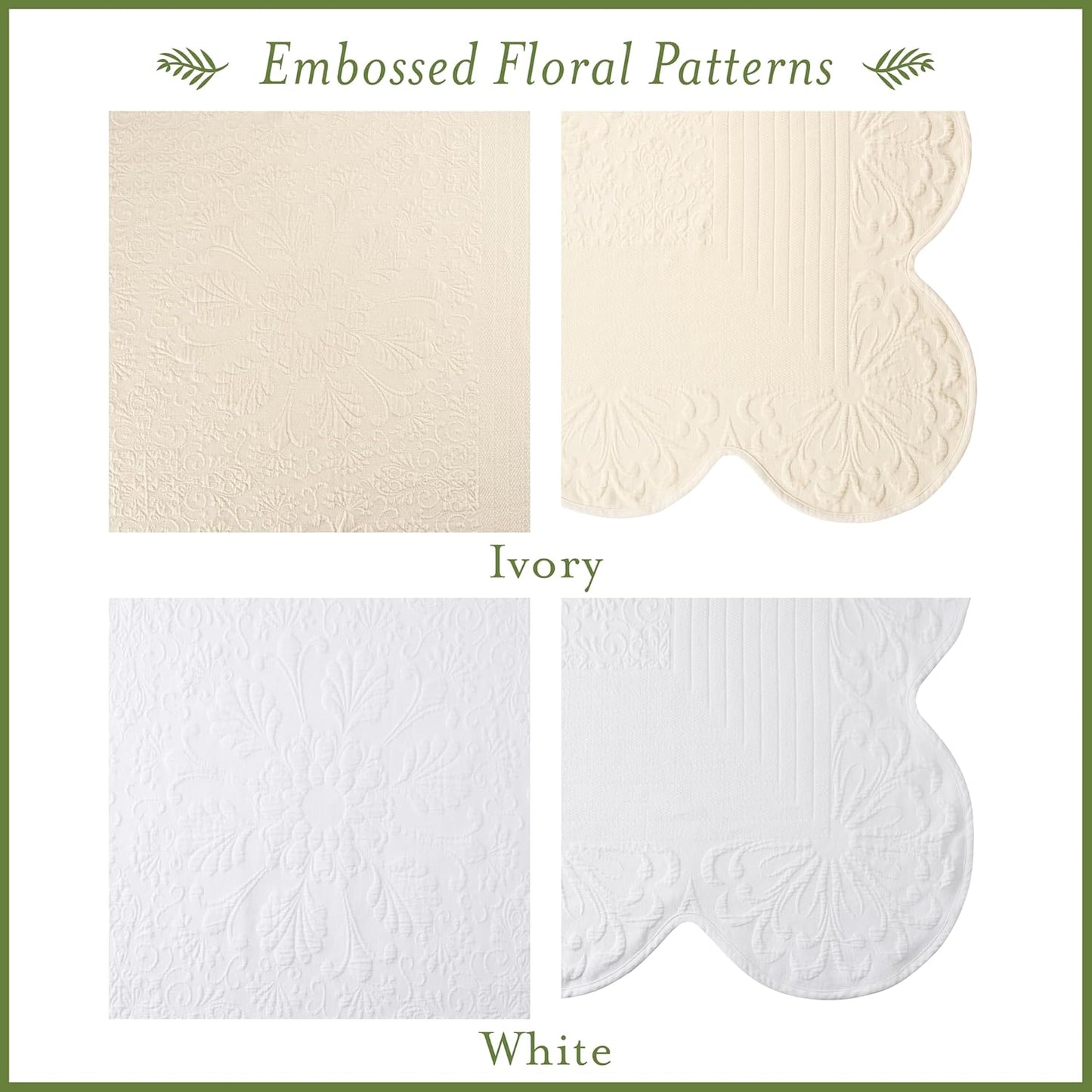 Charleston Estate Modern Farmhouse Floral Matelasse Decorative Pillowcase with Scalloped Edges, 100% Cotton Breathable Bedding, King Sham (20" X 36"), White Floral