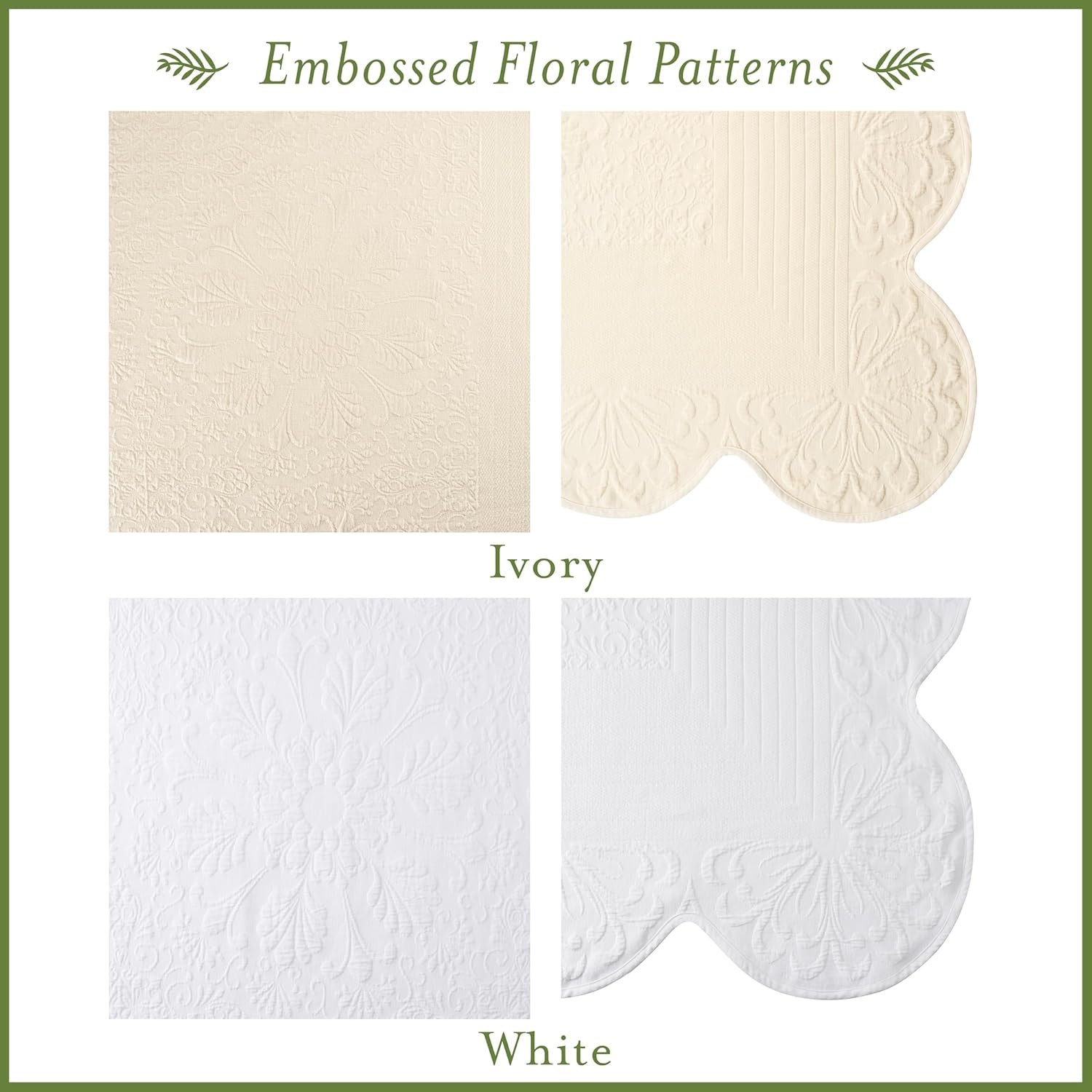 Charleston Estate Modern Farmhouse Floral Matelasse Decorative Pillowcase with Scalloped Edges, 100% Cotton Breathable Bedding, King Sham (20" X 36"), White Floral