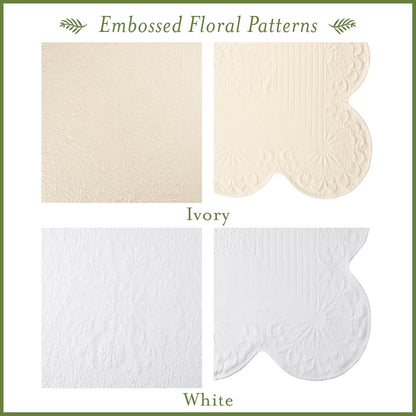 Charleston Estate Modern Farmhouse Floral Matelasse Decorative Pillowcase with Scalloped Edges, 100% Cotton Breathable Bedding, King Sham (20" X 36"), White Floral