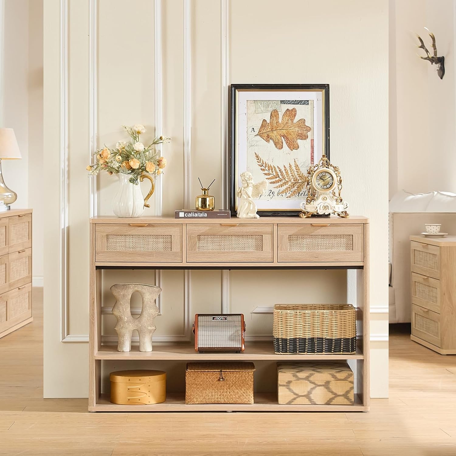 48" Boho Rattan Console Table with 3 Drawers, 3 Tier Wooden Entryway Table with Open Storage Shelf, Narrow Long behind Couch Sofa Tables for Living Room, Hallway, Entrance, Natural Wood