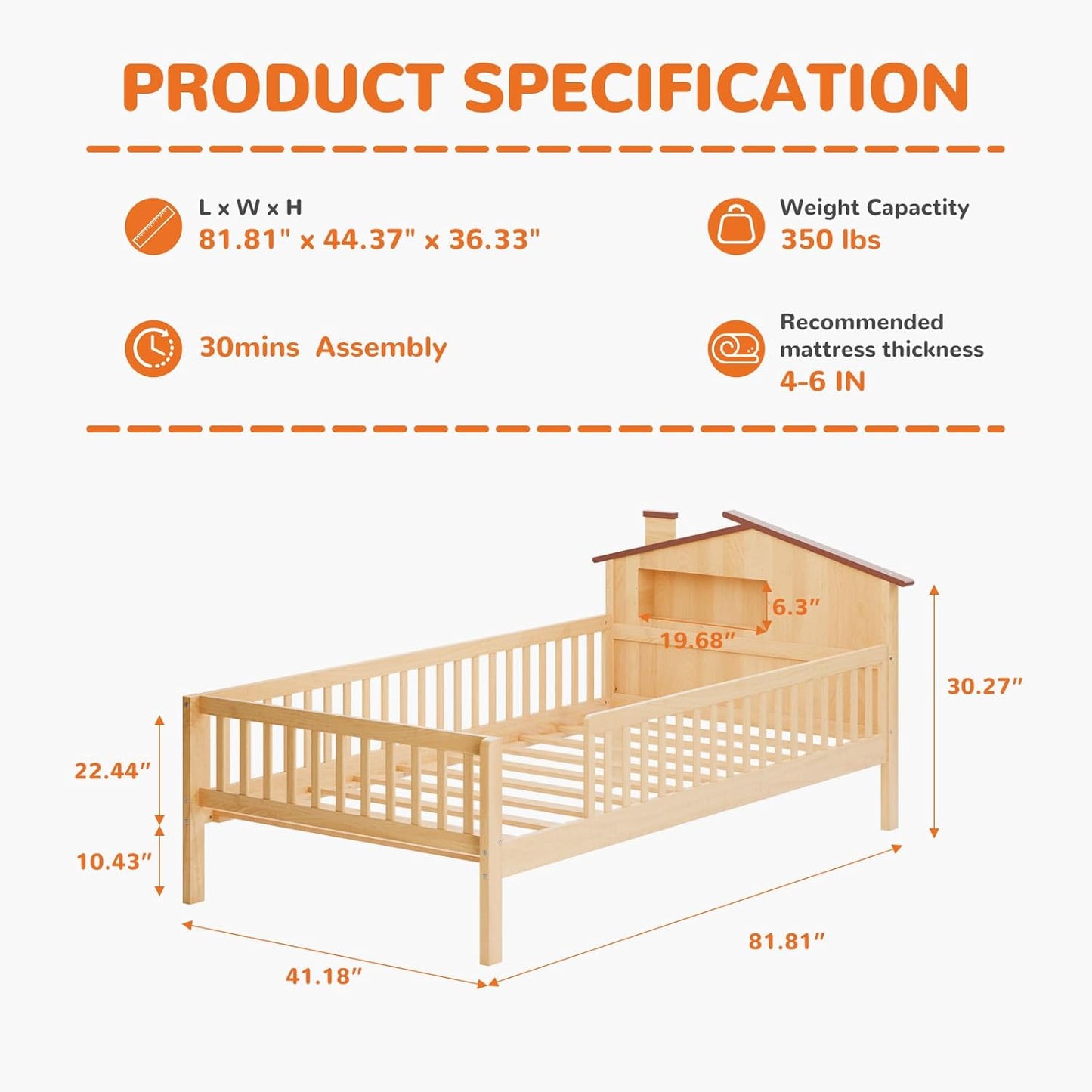 Twin Size Kids Bed with Storage - Solid Wood House Headboard & Safety Guardrails, Space-Saving Bed Frame, No Box Spring, Natural Brown