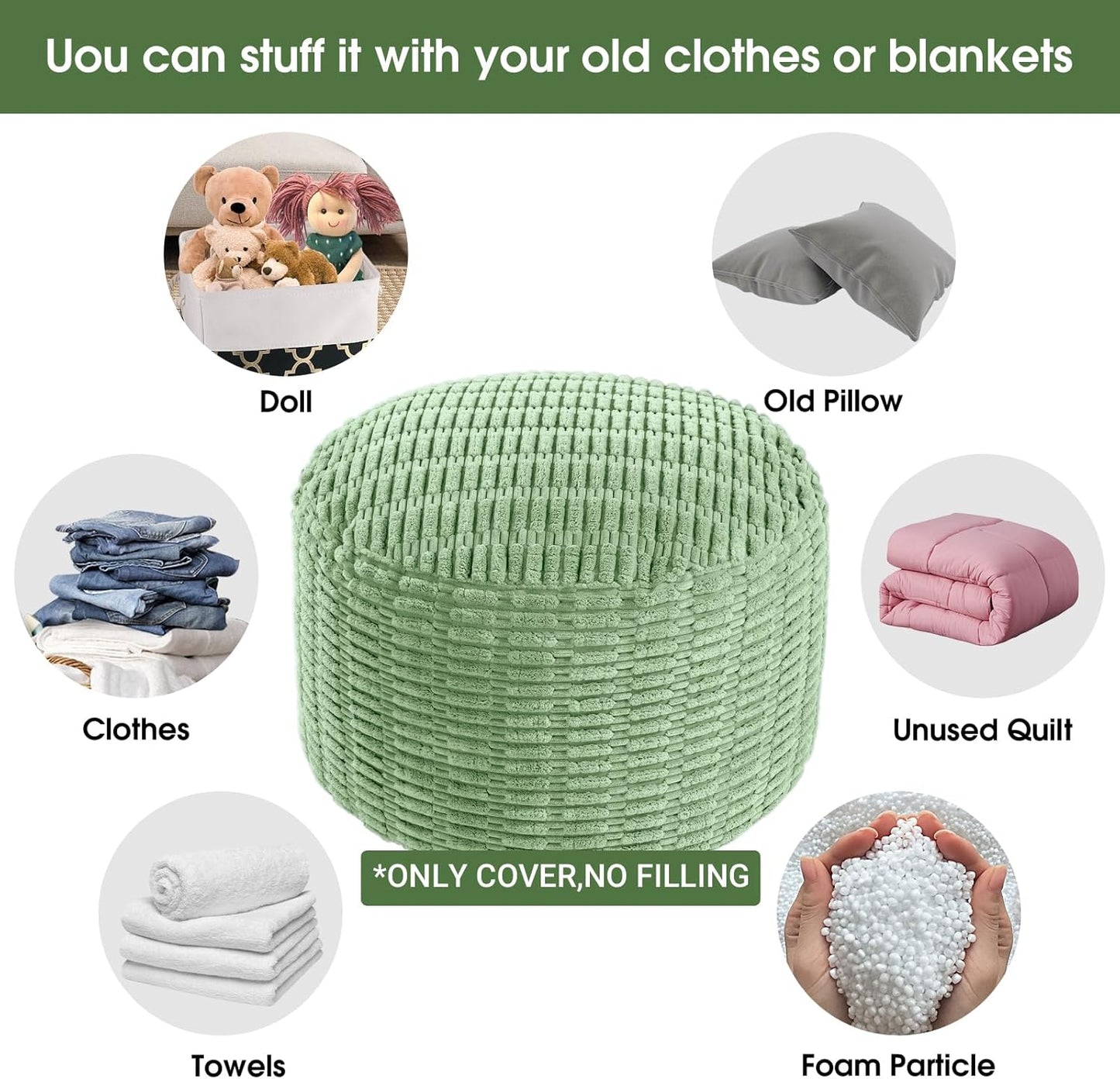 Unstuffed Ottoman Pouf Cover,Round Faux Fur Foot Stool, Fuzzy Chair, Floor Bean Bag(No Filler),Foot Rest with Storage for Living Room, Bedroom, Office, Striped Tufted (Sage Green)
