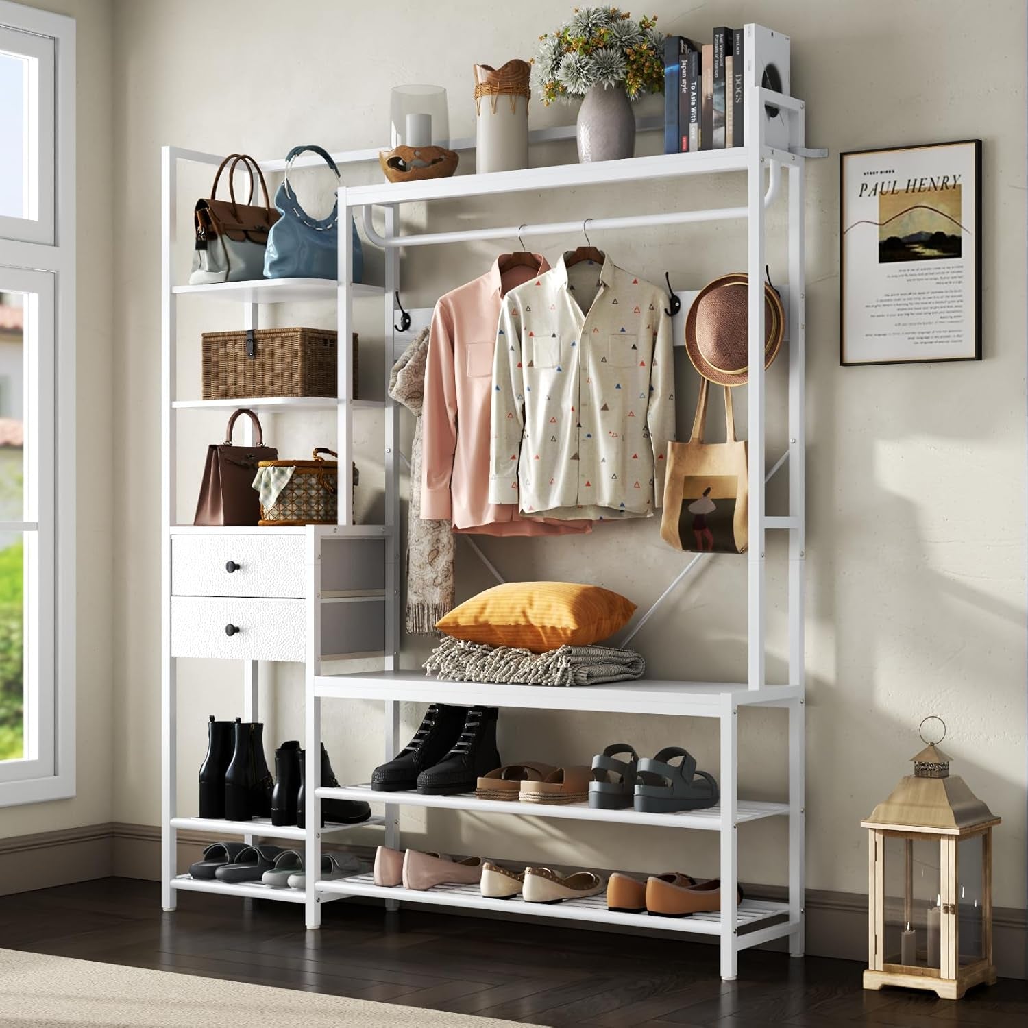 7-In-1 Hall Tree with Bench and Shoe Storage for Entryway, Entryway Bench with Coat Rack, Storage Shelves, Shoe Race, Coat Hooks and 2 Fabric Drawers for Hallway(White)