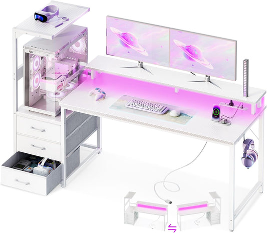 59 Inch Gaming Desk with USB Charging Ports & LED Light - Reversible Computer Desk with 3 Fabric Drawers, Monitor Stand, CPU Stand, and Side Hook, Modern Office Desk, White