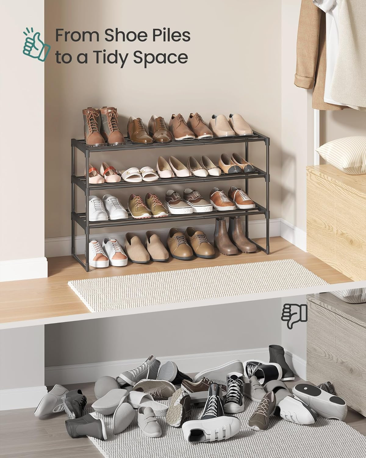 Shoe Rack, 3-Tier Shoe Organizer, Metal Storage Shelf, Upright or Upside Down, for 16-20 Pairs, Stackable, for Entryway, 11.8 X 36.2 X 21.7 Inches, Black ULSA303B02