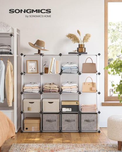 Cube Storage Organizer, Set of 16 Plastic Cubes, Book Shelf, Closet Organizers and Storage, Room Organization, Bedroom Living Room, 12.2 X 48.4 X 48.4 Inches, White ULPC44L