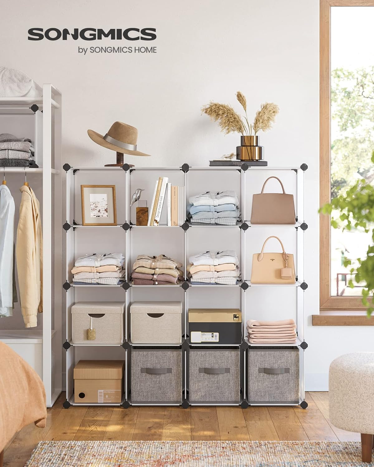 Cube Storage Organizer, Set of 16 Plastic Cubes, Book Shelf, Closet Organizers and Storage, Room Organization, Bedroom Living Room, 12.2 X 48.4 X 48.4 Inches, White ULPC44L