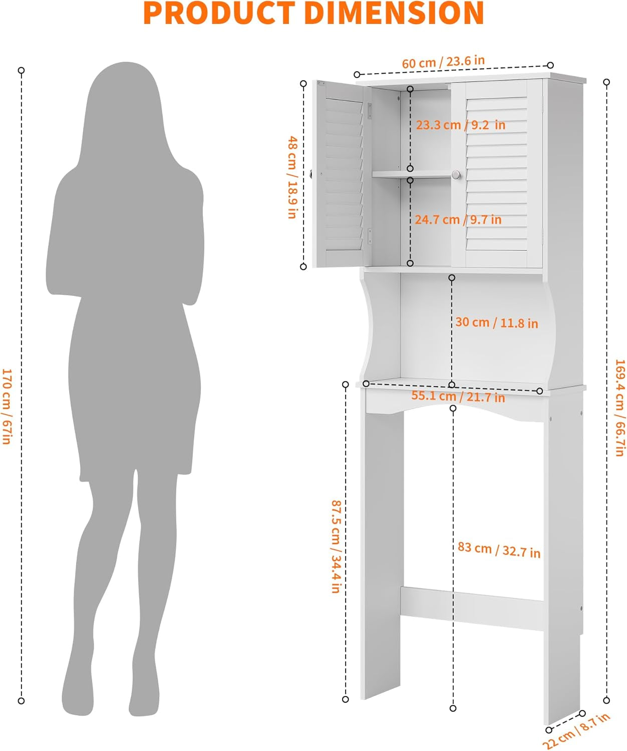 Over the Toilet Storage Cabinet, 3-Tier Freestanding Organizer, Bathroom Storage Cabinet Organize,Adjustable Shelves, Double Louvered Doors, Space-Saving Storage, White