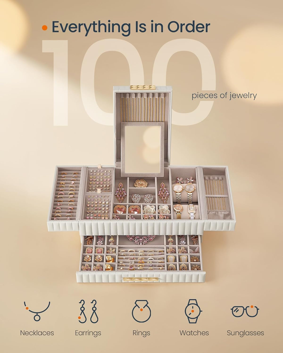 HOME Large Capacity Jewelry Box with Mirror, Jewelry Organizer with a Drawer, PU Surface with Stitching, 10.6 X 15 X 6.3 Inches, Cloud White, ANAH Collection ​UJBC184W01