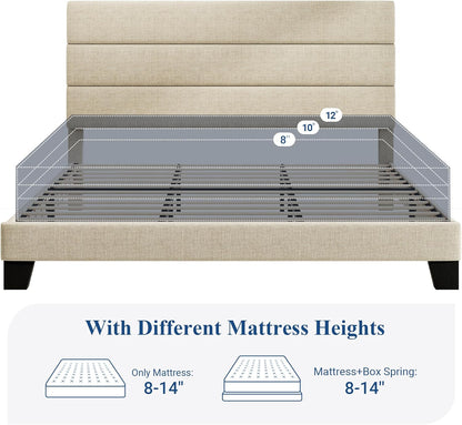 King Size Platform Bed Frame with Fabric Upholstered Headboard and Wooden Slats Support, Fully Upholstered Mattress Foundation/No Box Spring Needed/Easy Assembly, Beige